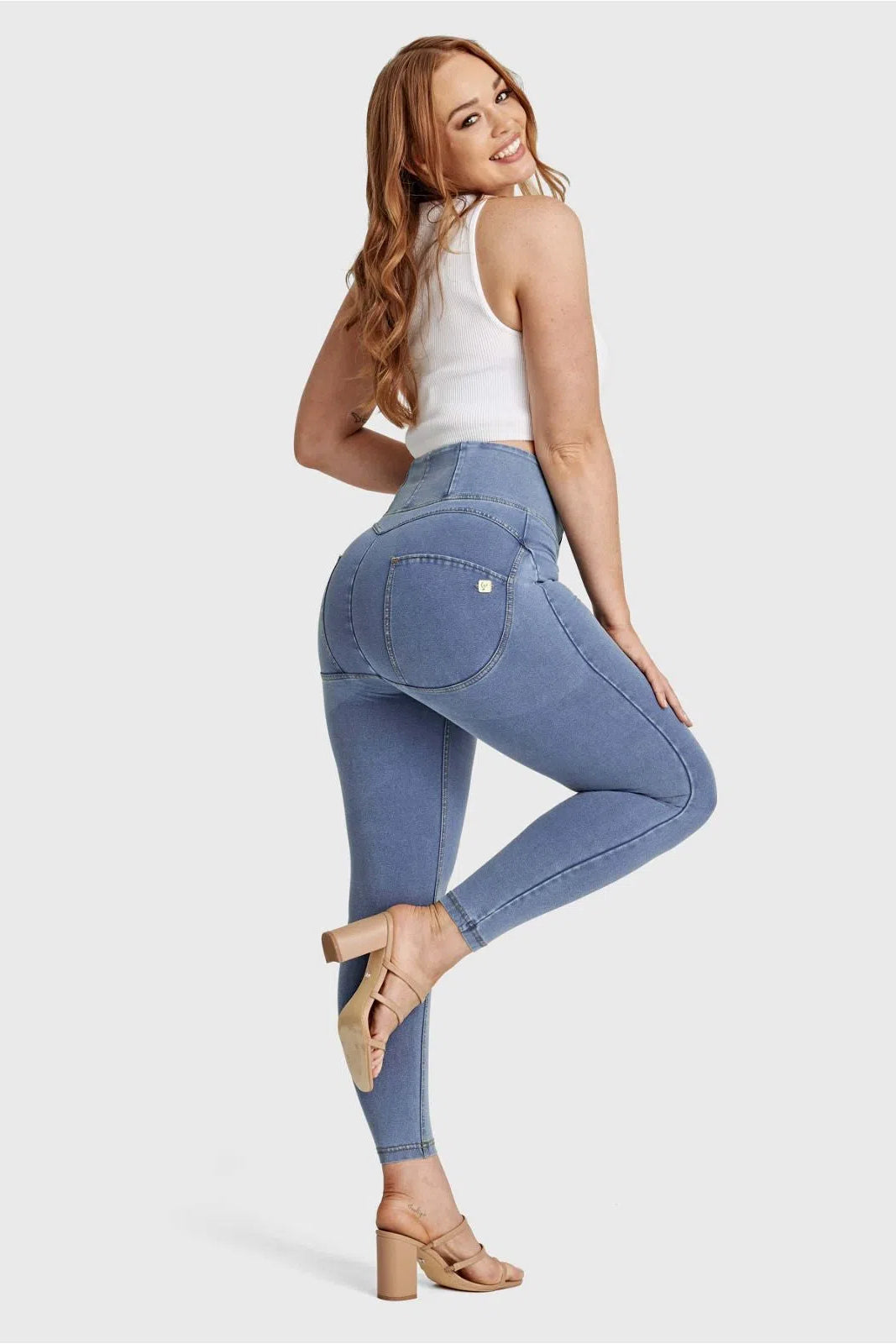 WRUP Curvy Denim - Zip High Waisted - 7/8 Length - Light Blue + Yellow Stitching 3