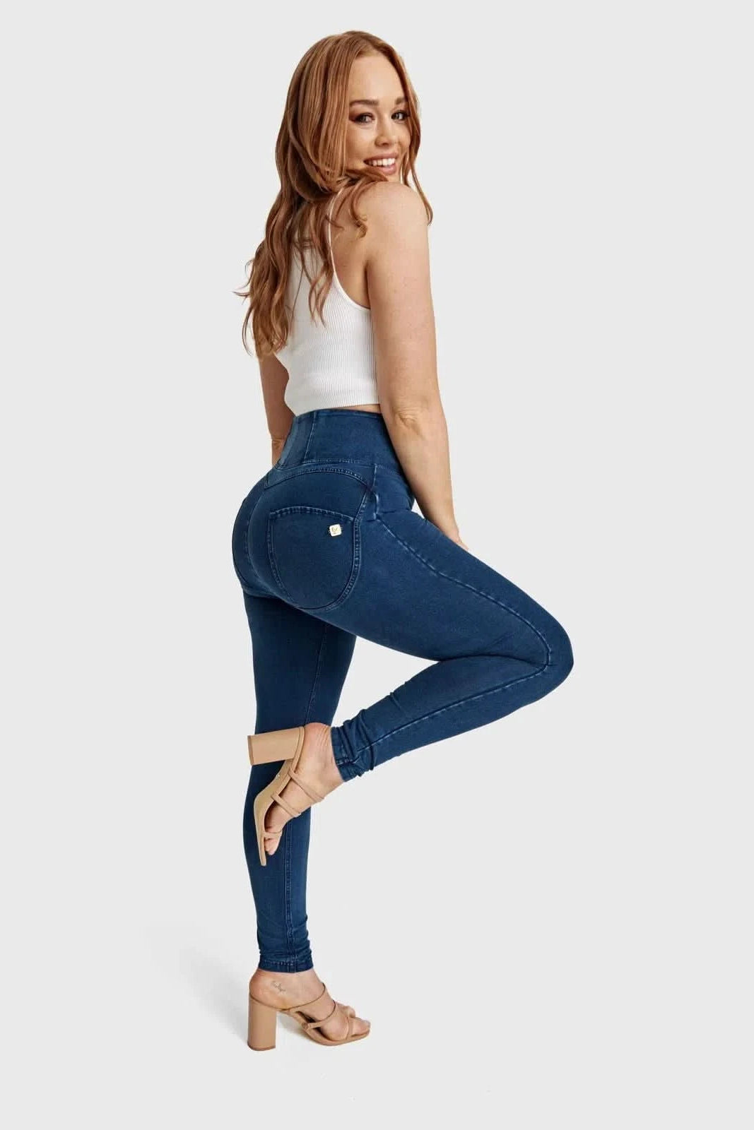 WRUP Curvy Denim - Zip High Waisted - Full Length - Dark Blue + Blue Stitching 3