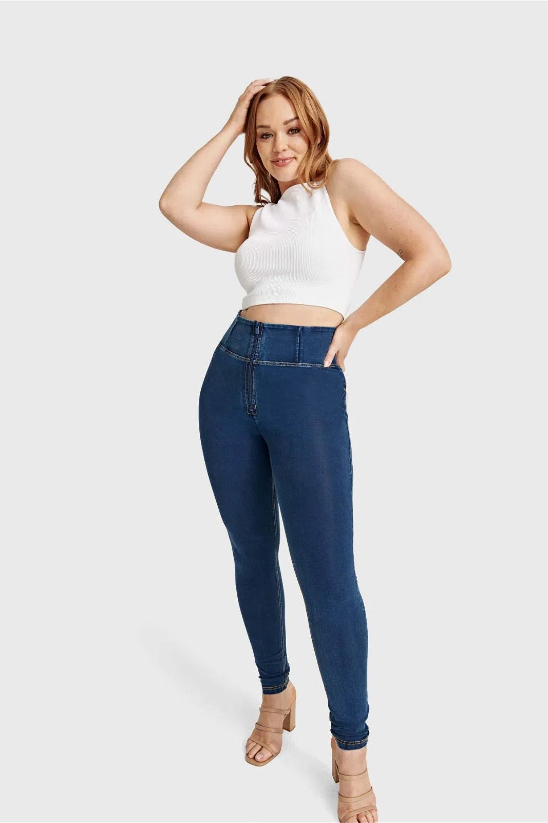 WRUP Curvy Denim - Zip High Waisted - Full Length - Dark Blue + Yellow Stitching 2