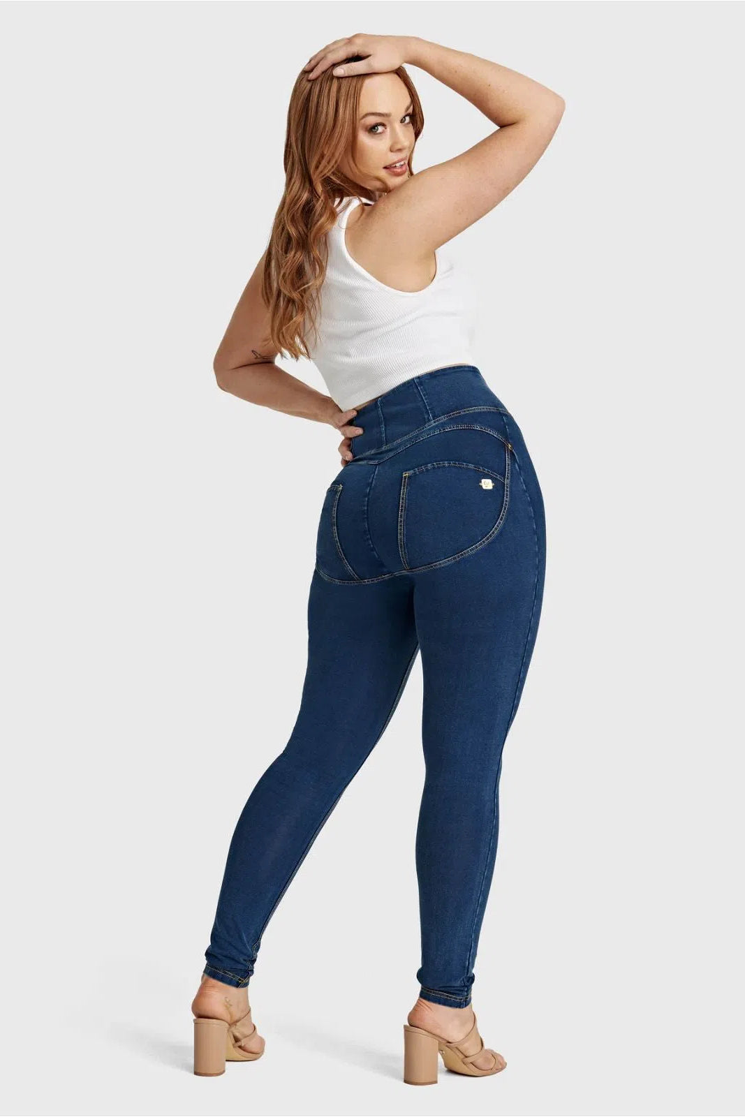 WRUP Curvy Denim - Zip High Waisted - Full Length - Dark Blue + Yellow Stitching 3