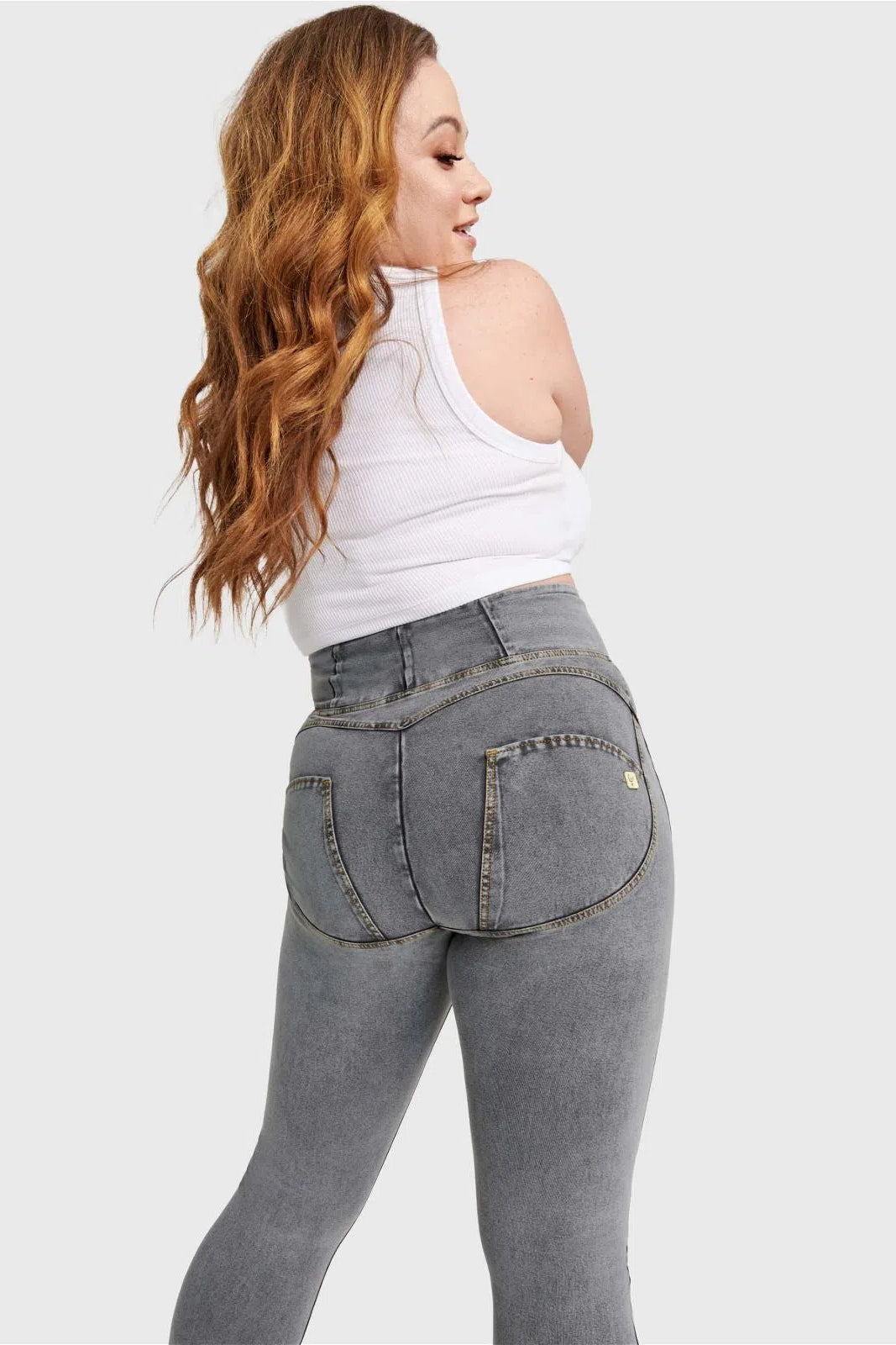 WRUP Curvy Denim - Zip High Waisted - Full Length - Grey + Yellow Stitching 2