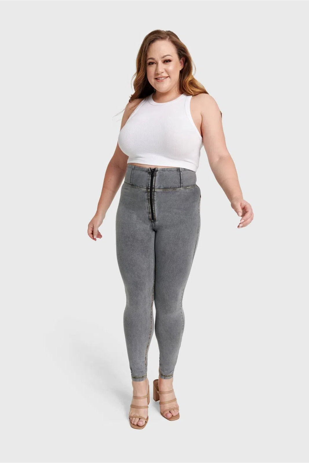 WRUP Curvy Denim - Zip High Waisted - Full Length - Grey + Yellow Stitching 3