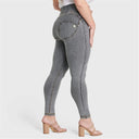 WRUP Curvy Denim - Zip High Waisted - Full Length - Gray + Yellow Stitching