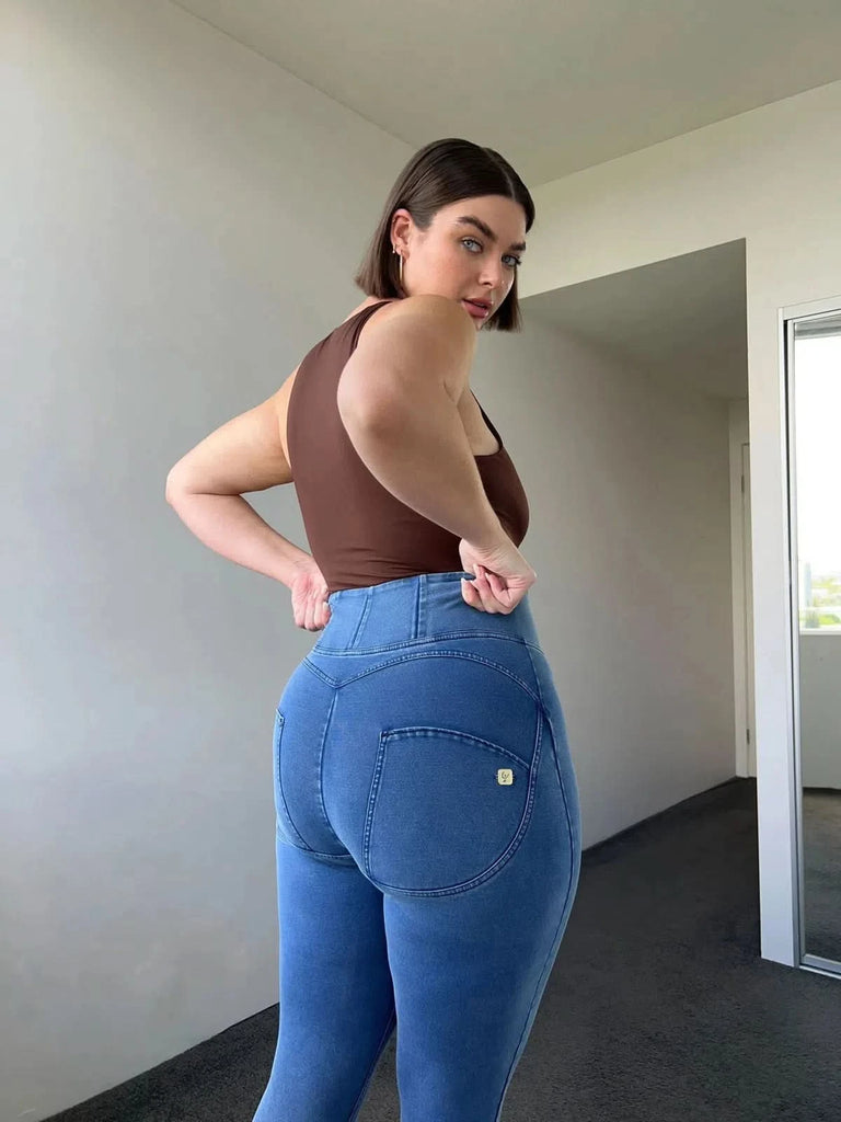 パンツ DROP WAIST CURVE STRAIGHT Light Blue + Yellow Stitching Zip High Waisted Full Length