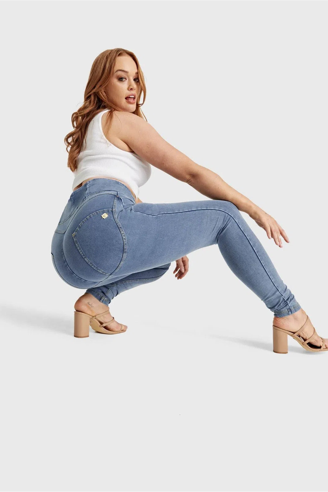 WRUP Curvy Denim - Zip High Waisted - Full Length - Light Blue + Yellow Stitching 2