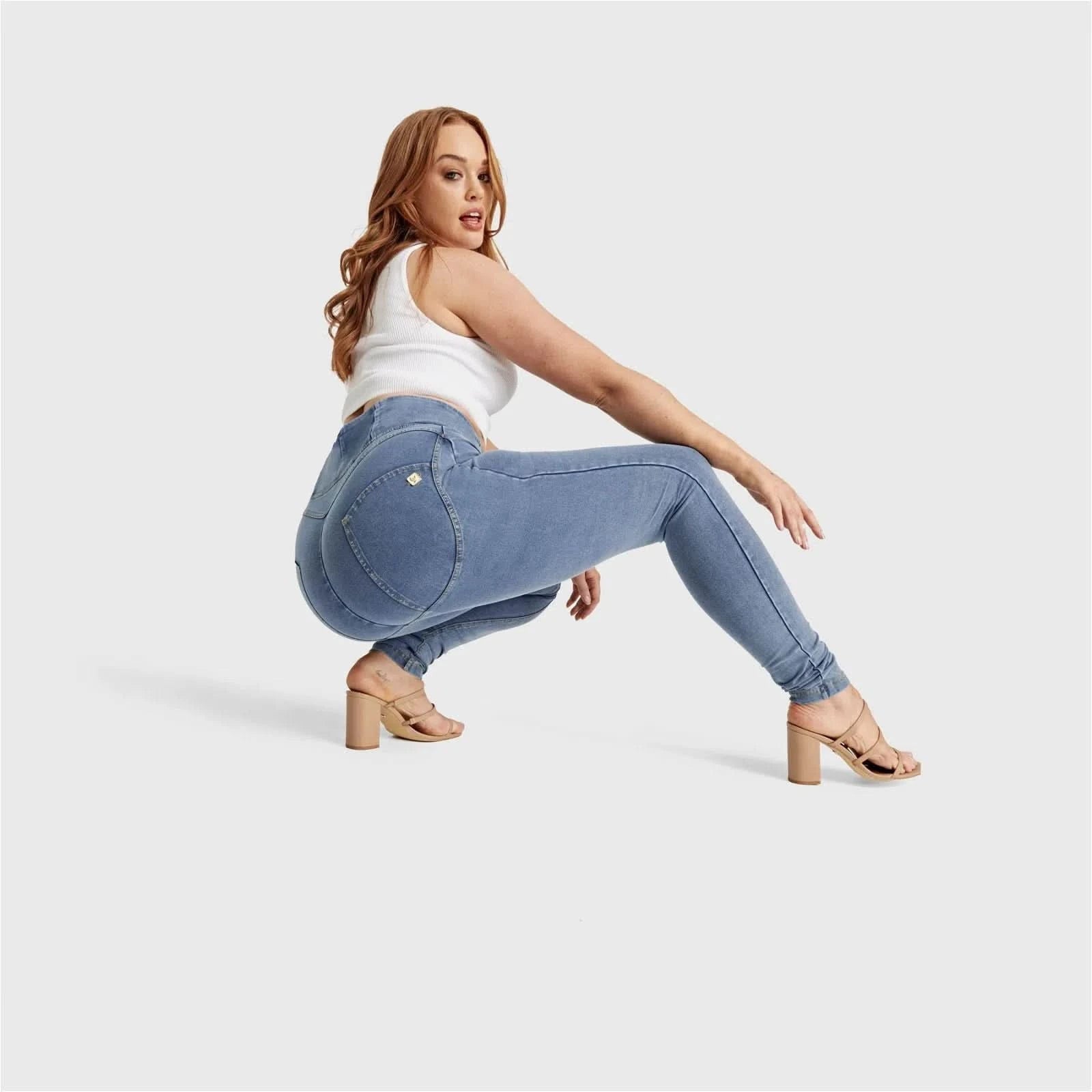 WRUP Curvy Denim - Zip High Waisted - Full Length - Light Blue + Yellow Stitching 2