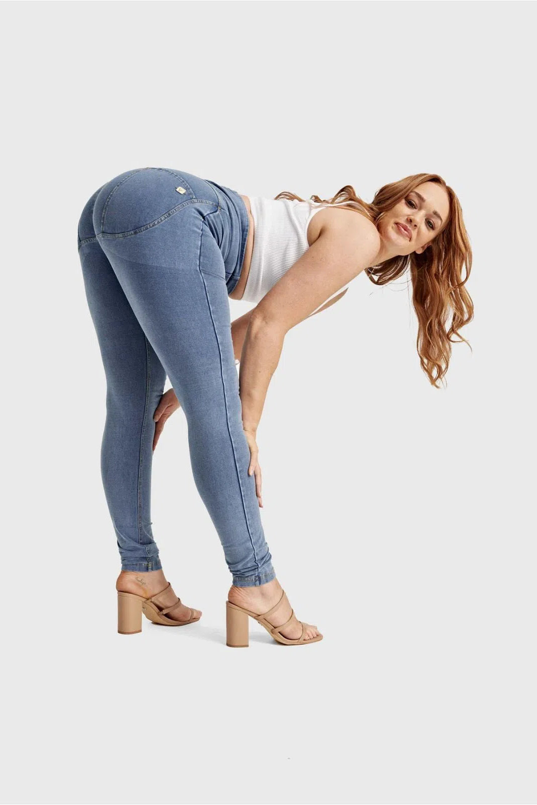 WRUP Curvy Denim - Zip High Waisted - Full Length - Light Blue + Yellow Stitching 3