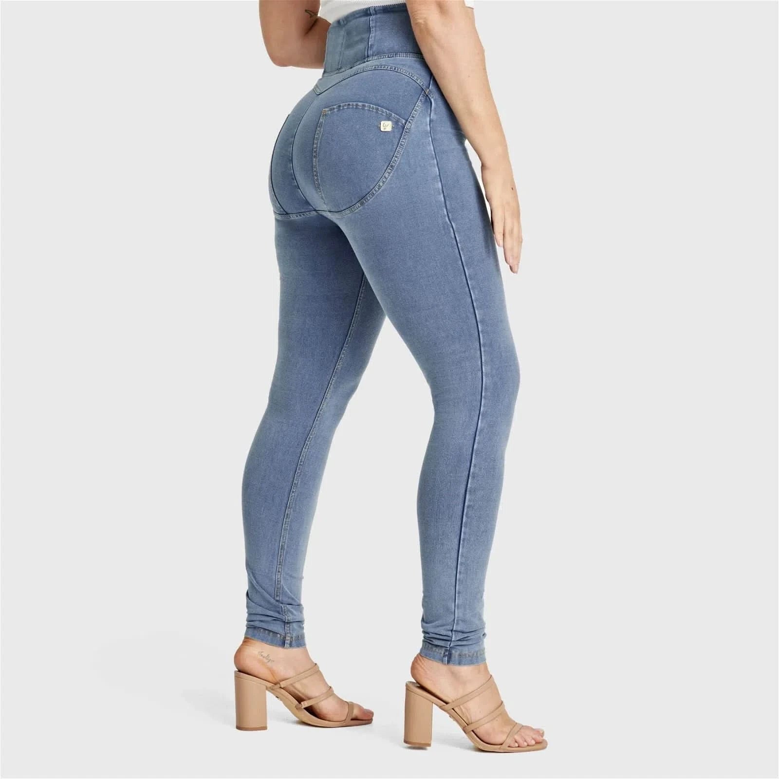 WRUP Curvy Denim - Zip High Waisted - Full Length - Light Blue + Yellow Stitching 1