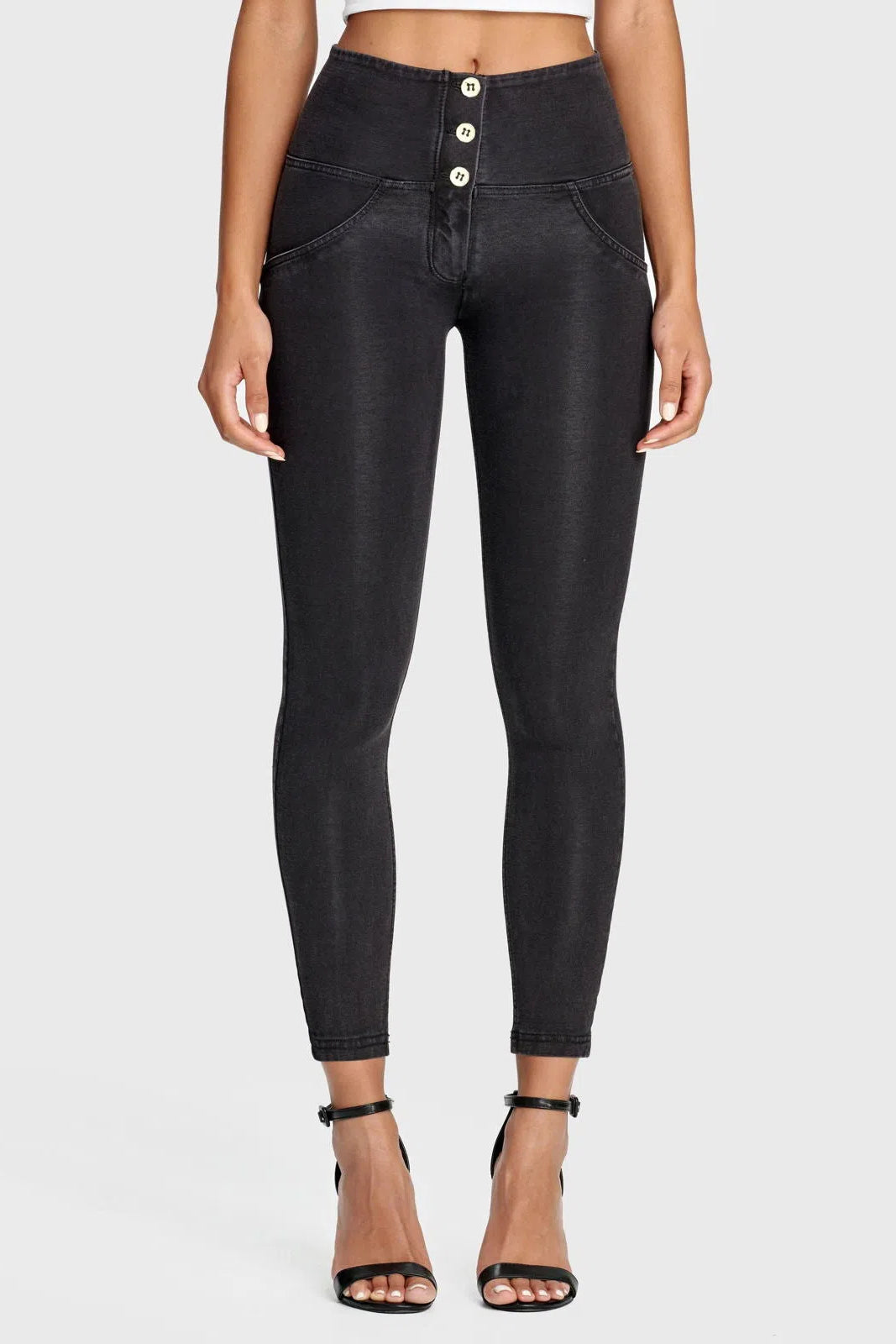 WRUP Denim - 3 Button High Waisted - 7/8 Length - Black + Black Stitching 2