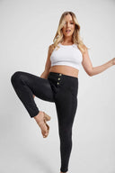 WRUP Denim - 3 Button High Waisted - 7/8 Length - Black + Black Stitching