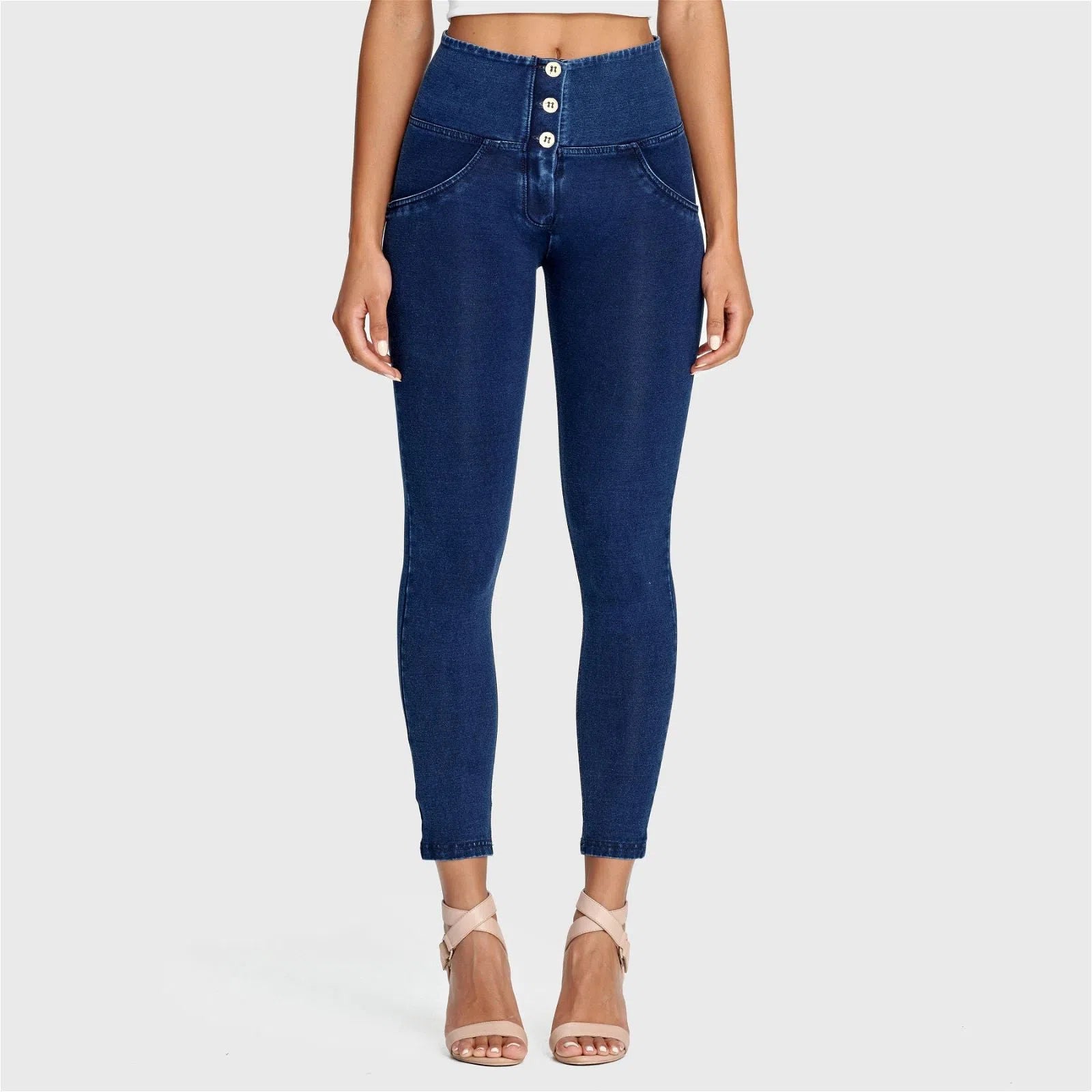 WRUP Denim - 3 Button High Waisted - 7/8 Length - Dark Blue + Blue Stitching 1