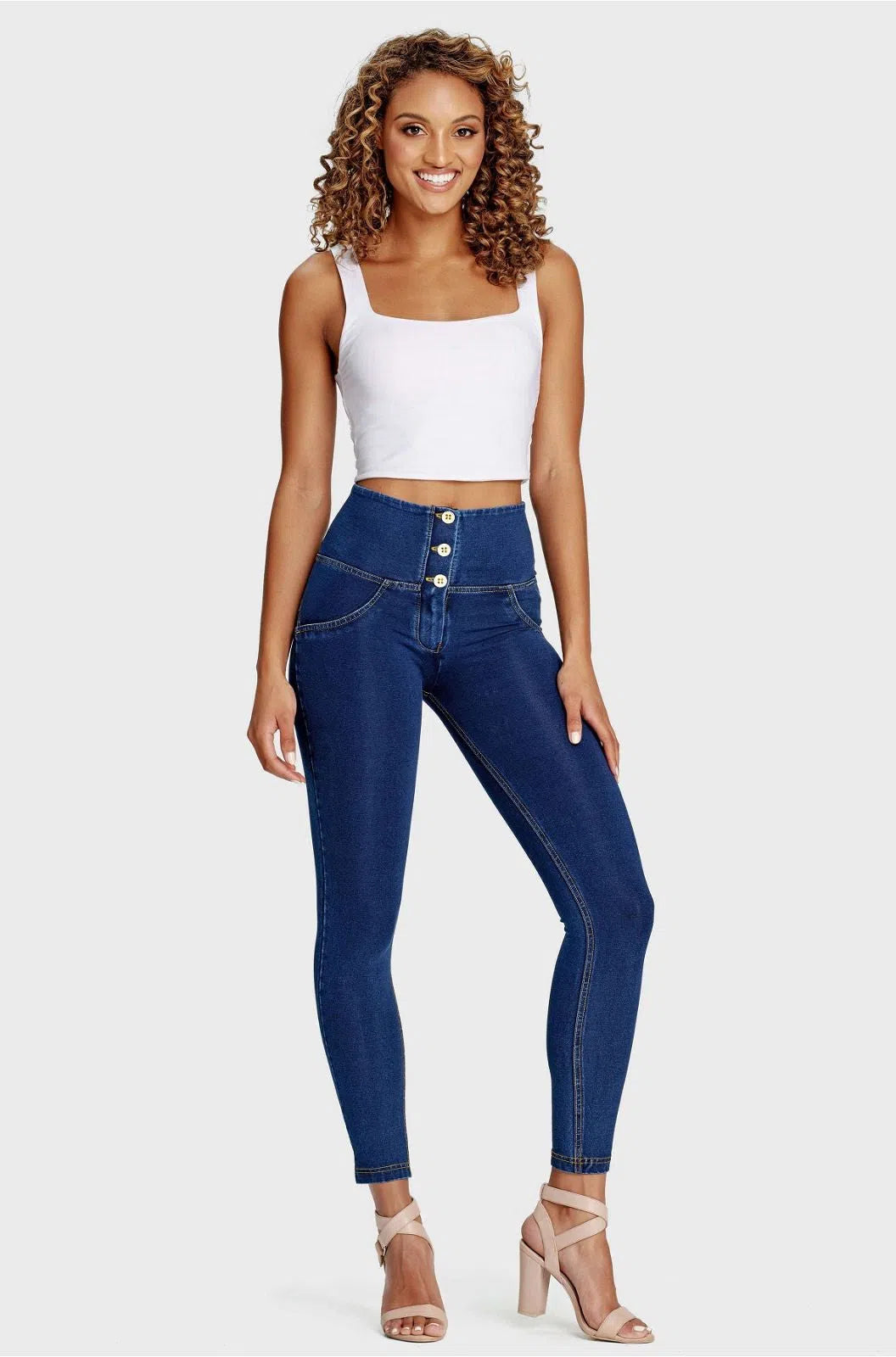 WRUP Denim - 3 Button High Waisted - 7/8 Length - Dark Blue + Yellow Stitching