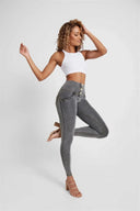 WRUP Denim - 3 Button High Waisted - 7/8 Length - Grey + Yellow Stitching