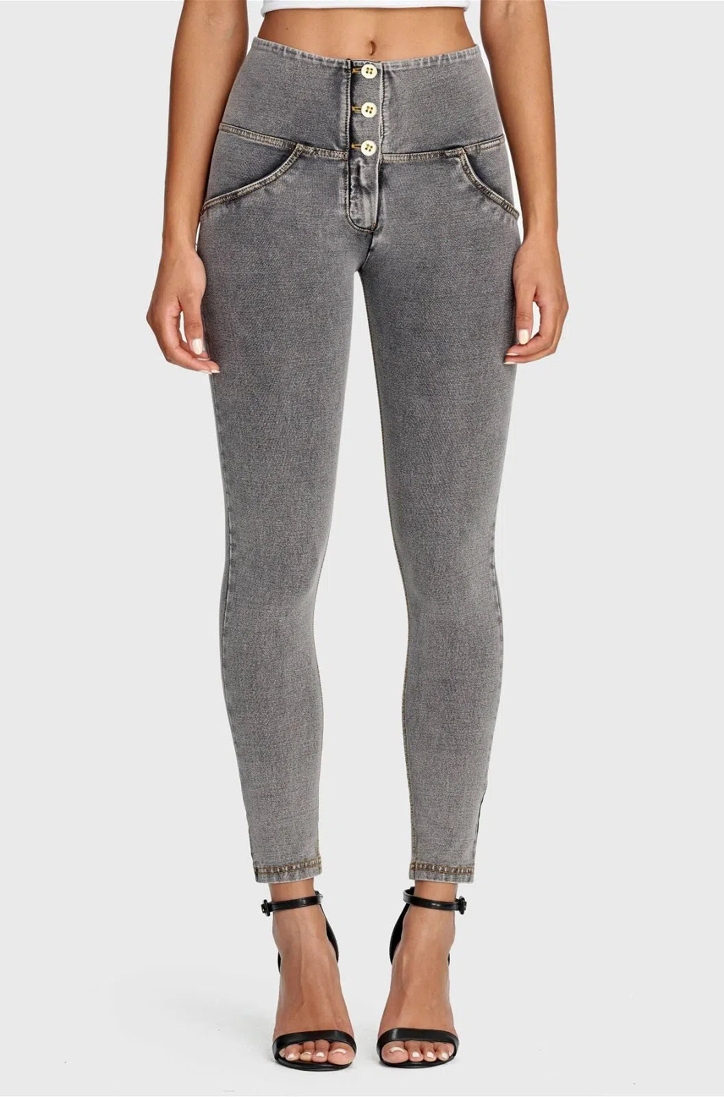WRUP Denim - 3 Button High Waisted - 7/8 Length - Grey + Yellow Stitching
