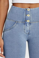 WRUP Denim - 3 Button High Waisted - 7/8 Length - Light Blue + Yellow Stitching