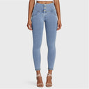 WRUP Denim - 3 Button High Waisted - 7/8 Length - Light Blue + Yellow Stitching