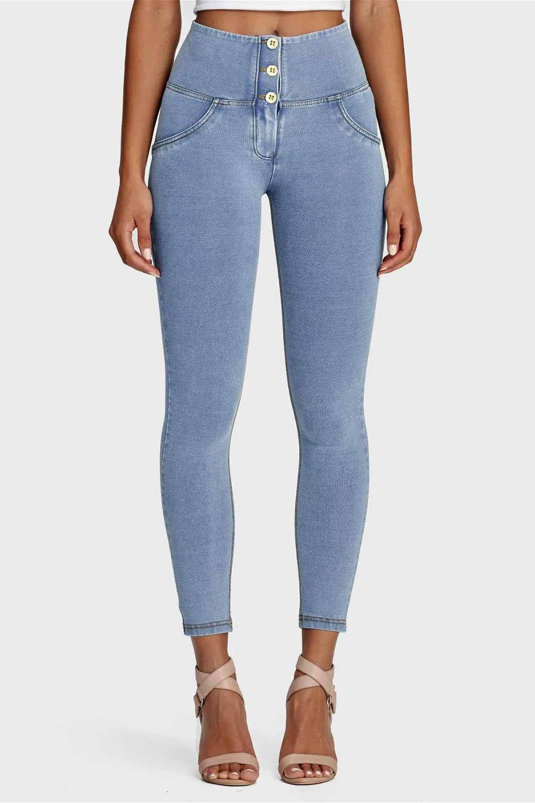 WRUP Denim - 3 Button High Waisted - 7/8 Length - Light Blue + Yellow Stitching 3