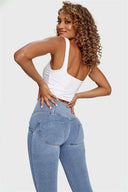 WRUP Denim - 3 Button High Waisted - 7/8 Length - Light Blue + Yellow Stitching