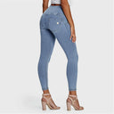 WRUP Denim - 3 Button High Waisted - 7/8 Length - Light Blue + Yellow Stitching