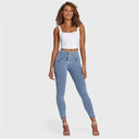 WRUP Denim - 3 Button High Waisted - 7/8 Length - Light Blue + Yellow Stitching