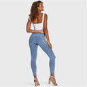 WRUP Denim - 3 Button High Waisted - 7/8 Length - Light Blue + Yellow Stitching