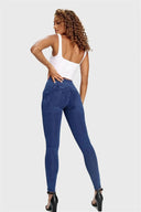 WRUP Denim - 3 Button High Waisted - Full Length - Dark Blue + Blue Stitching