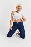 WRUP Denim - 3 Button High Waisted - Full Length - Dark Blue + Blue Stitching