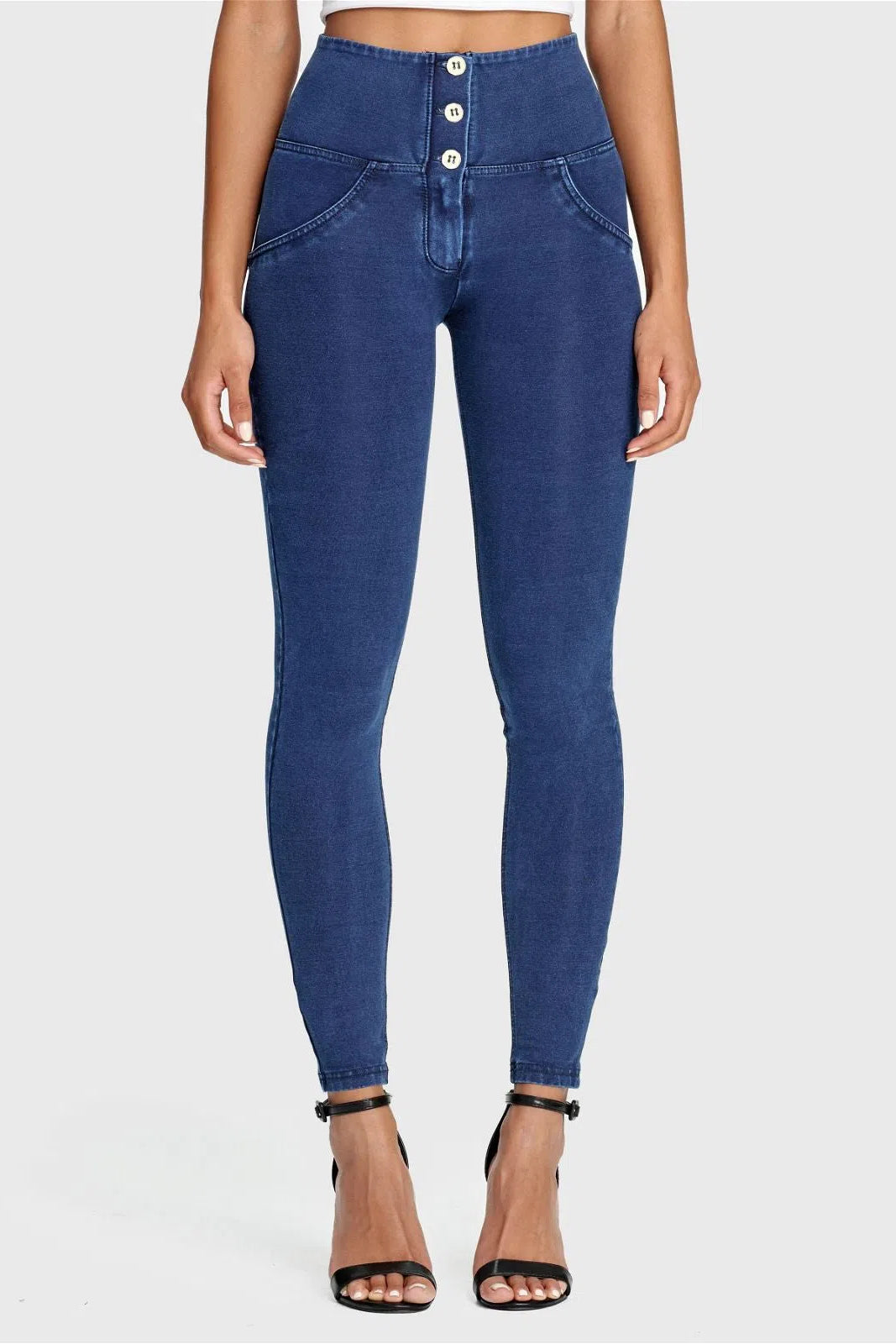 WRUP Denim - 3 Button High Waisted - Full Length - Dark Blue + Blue Stitching 1