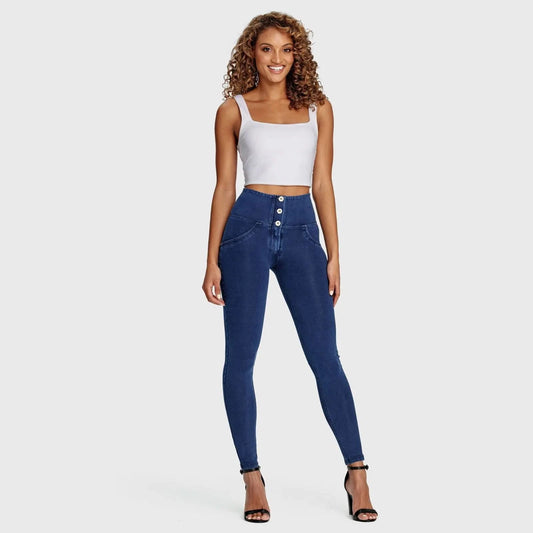 WRUP Denim - 3 Button High Waisted - Full Length - Dark Blue + Blue Stitching