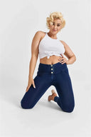 WRUP Denim - 3 Button High Waisted - Full Length - Dark Blue + Blue Stitching