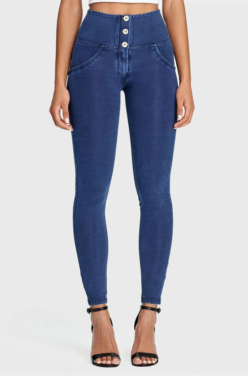 WRUP Denim - 3 Button High Waisted - Full Length - Dark Blue + Blue Stitching
