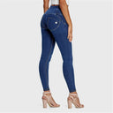 WRUP Denim - 3 Button High Waisted - Full Length - Dark Blue + Yellow Stitching