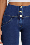 WRUP Denim - 3 Button High Waisted - Full Length - Dark Blue + Yellow Stitching