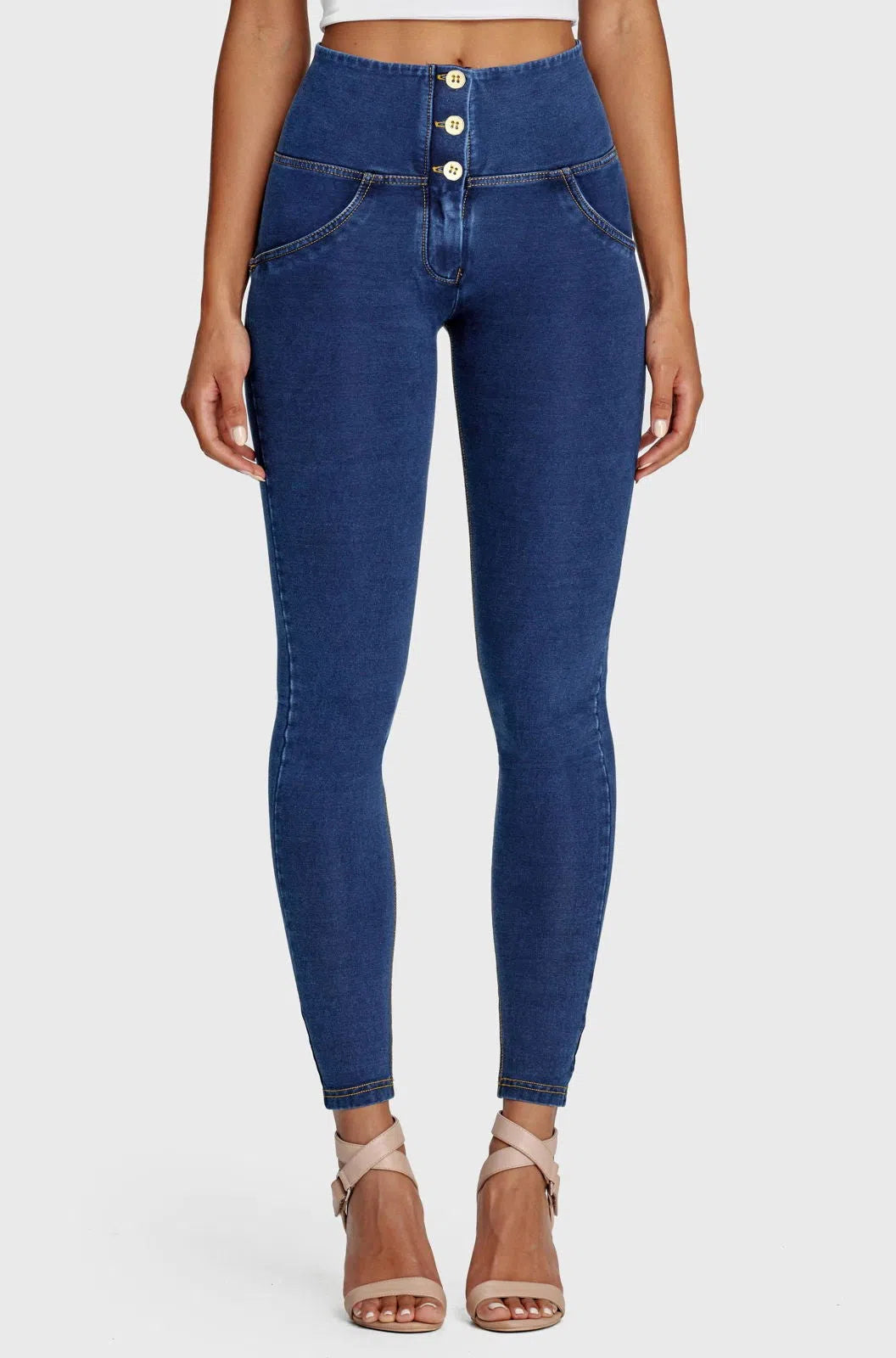 WRUP Denim - 3 Button High Waisted - Full Length - Dark Blue + Yellow Stitching