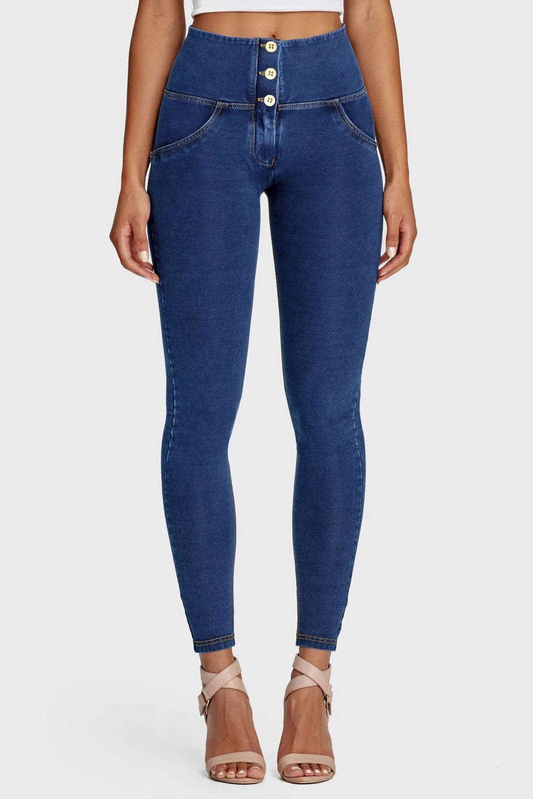 WRUP Denim - 3 Button High Waisted - Full Length - Dark Blue + Yellow Stitching 1