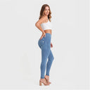 WRUP Denim - 3 Button High Waisted - Full Length - Light Blue + Blue Stitching