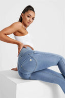 WRUP Denim - 3 Button High Waisted - Full Length - Light Blue + Yellow Stitching