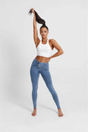 WRUP Denim - 3 Button High Waisted - Full Length - Light Blue + Yellow Stitching