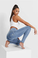 WRUP Denim - 3 Button High Waisted - Full Length - Light Blue + Yellow Stitching