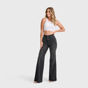 WRUP Denim - 3 Button High Waisted - Palazzo Flare - Black + Black Stitching