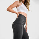 WRUP Denim - 3 Button High Waisted - Palazzo Flare - Black + Black Stitching