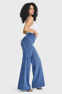 WRUP Denim - 3 Button High Waisted - Palazzo Flare - Light Blue + Blue Stitching