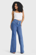 WRUP Denim - 3 Button High Waisted - Palazzo Flare - Light Blue + Blue Stitching