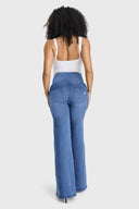 WRUP Denim - 3 Button High Waisted - Palazzo Flare - Light Blue + Blue Stitching