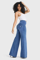 WRUP Denim - 3 Button High Waisted - Palazzo Flare - Light Blue + Blue Stitching