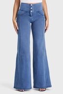 WRUP Denim - 3 Button High Waisted - Palazzo Flare - Light Blue + Blue Stitching