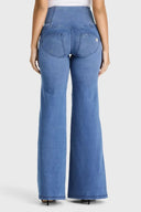 WRUP Denim - 3 Button High Waisted - Palazzo Flare - Light Blue + Blue Stitching