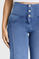 WRUP Denim - 3 Button High Waisted - Palazzo Flare - Light Blue + Blue Stitching