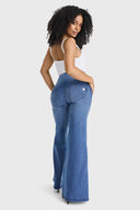 WRUP Denim - 3 Button High Waisted - Palazzo Flare - Light Blue + Blue Stitching