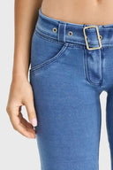 WRUP Denim - Belted Low Rise - Flare - Light Blue + Blue Stitching